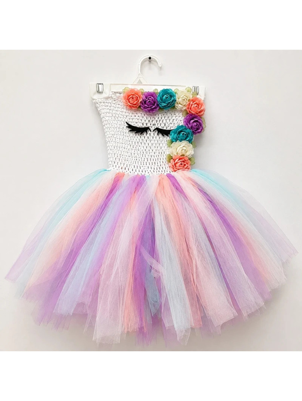 Girls Unicorn Tutu Dress Pastel Rainbow Floral Tulle Birthday Party Costume